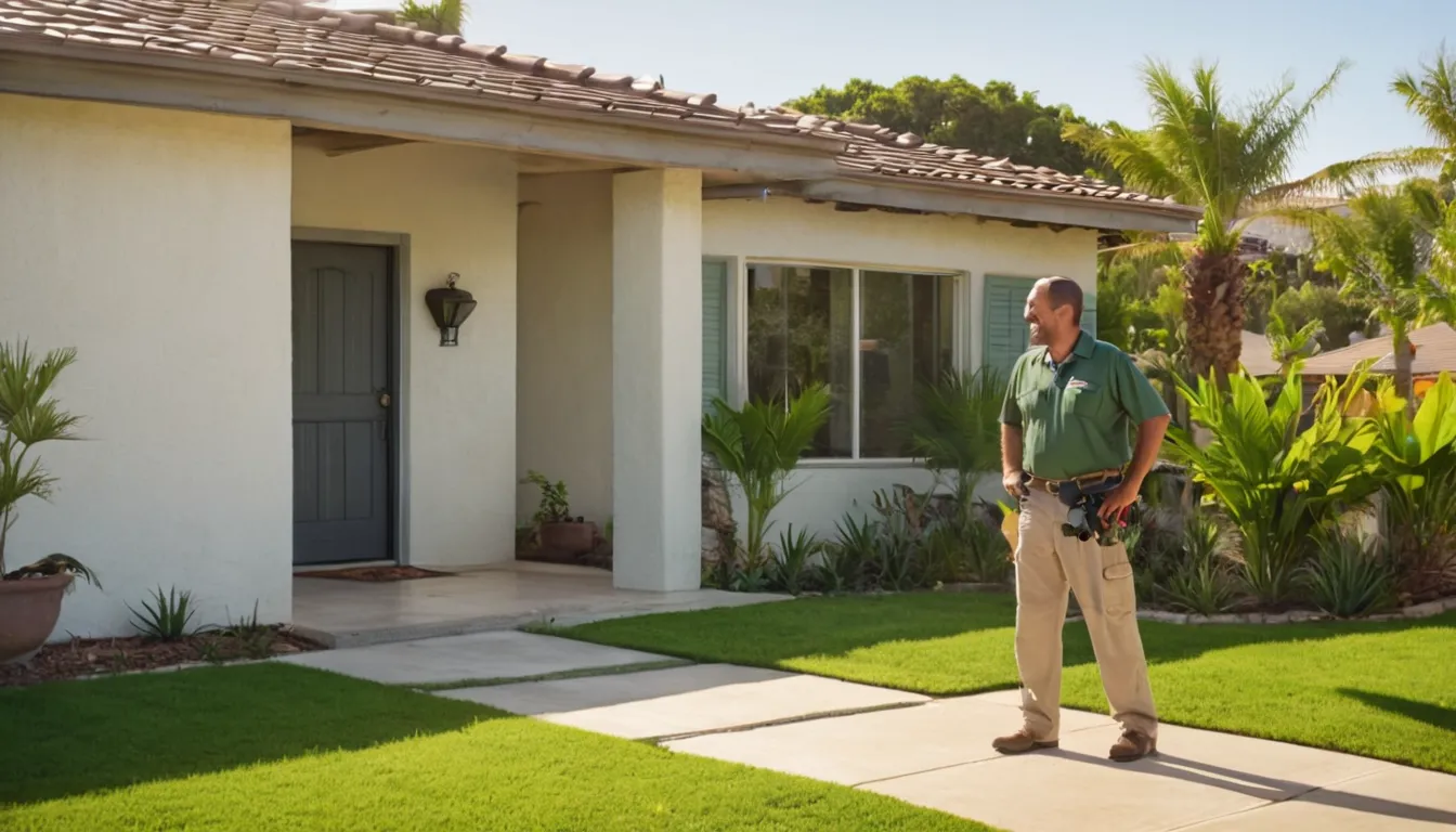 A homeowner in Boynton Beach talking with a pest control provider at the front door of a single-story block home