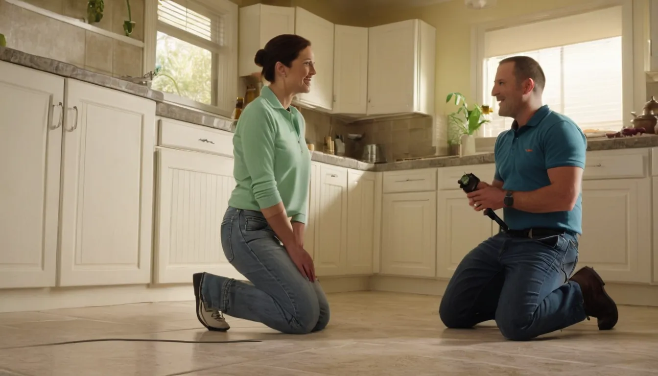 Friendly pest control provider inspecting a kitchen baseboard with a homeowner in a Boynton Beach home